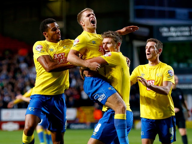 Jamie Ward of Derby County celebrates his equalising goal during the Sky Bet Championship match between Charlton Athletic and Derby County at The Valley on August 19, 2014