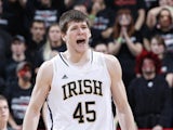 Jack Cooley #45 of Notre Dame Fighting Irish reacts after blocking a shot late in the game against the Cincinnati Bearcats at Fifth Third Arena on January 7, 2013