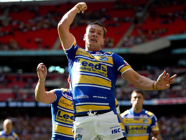 Danny McGuire of Leeds celebrates after scoring a try during the Tetley's Challenge Cup Final between Leeds Rhinos and Castleford Tigers at Wembley Stadium on August 23, 2014