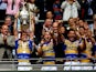 Captain Kevin Sinfield of Leeds lifts the Challenge Cup Trophy after his team won the Tetley's Challenge Cup Final between Leeds Rhinos and Castleford Tigers at Wembley Stadium on August 23, 2014