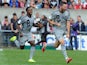 Marseille's French forward Andre-Pierre Gignac celebrates after scoring a goal during the French L1 football match Guingamp vs Marseille on August 23, 2014
