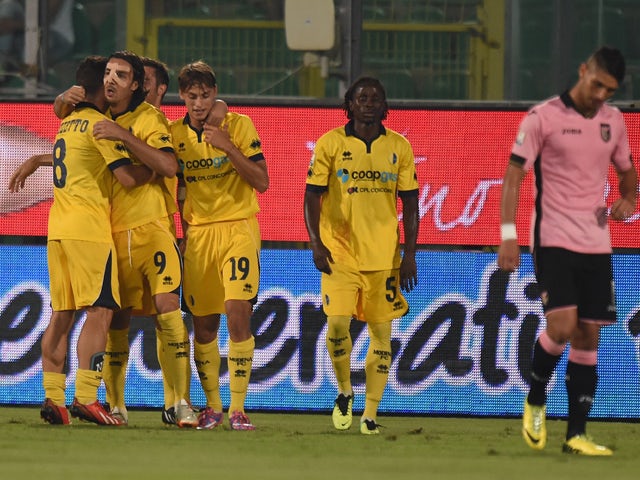 Nicola Ferrari of Modena celebrates with team mates after scoring the opening goal during the TIM Cup match between US Citta di Palermo v Modena FC at Stadio Renzo Barbera on August 23, 2014