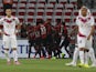Nice's French forward Alexy Bosetti is congratulated by teammates after scoring a goal during the French L1 football match Nice (OGCN) vs Bordeaux (FCGB) on August 23, 2014