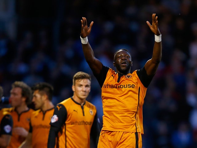 Bakaray Sako of Wolverhampton Wanderers celebrates his goal during the Sky Bet Championship match between Fulham and Wolverhampton Wanderers at Craven Cottage on August 20, 2014