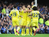 Branislav Ivanovic of Chelsea celebrates scoring his team's second goal with team mates during the Barclays Premier League match between Everton and Chelsea at Goodison Park on August 30, 2014