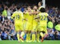 Branislav Ivanovic of Chelsea celebrates scoring his team's second goal with team mates during the Barclays Premier League match between Everton and Chelsea at Goodison Park on August 30, 2014