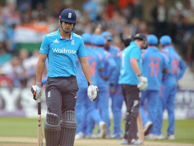 England's Alastair Cook walks off after being stumped off the bowling of India's Ambati Rayudu during the third one-day international cricket match between England and India at Trent Bridge in Nottingham, central England on August 30, 2014