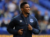 Samuel Eto'o of Everton warms up ahead of the Barclays Premier League match between Everton and Chelsea at Goodison Park on August 30, 2014