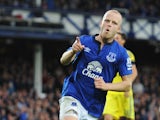 Steven Naismith of Everton celebrates scoring his team's second goal during the Barclays Premier League match between Everton and Chelsea at Goodison Park on August 30, 2014