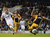 Harry Kane of Spurs scores their first goal during the UEFA Europa League Qualifying Play-Offs Round Second Leg match against AEL Limassol on August 28, 2014
