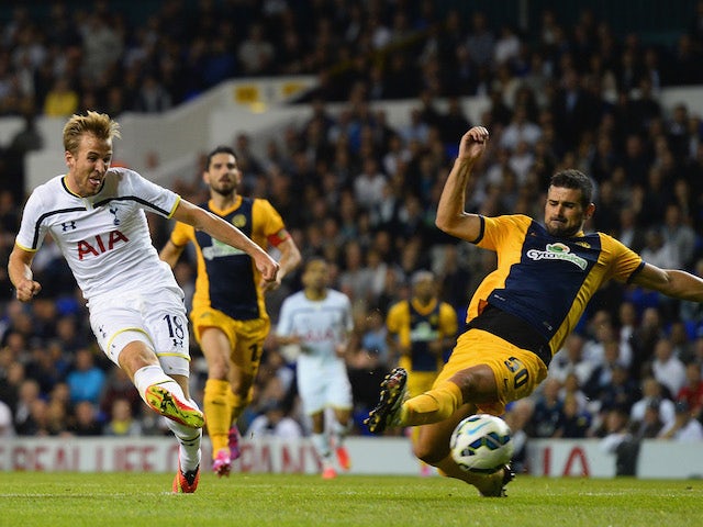 Harry Kane of Spurs scores their first goal during the UEFA Europa League Qualifying Play-Offs Round Second Leg match against AEL Limassol on August 28, 2014