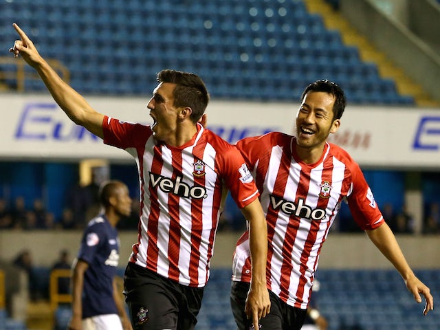 Jack Cork of Southampton celebrates after scoring to make it 1-0 during the Capital One Cup Second Round match against Millwall on August 26, 2014