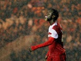Kei Kamara of Middlesbruogh laughs after his miss during the Sky Bet Championship game between Middlesbrough and Doncaster Rovers at the Riverside Stadium on October 25, 2013