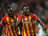 Lens French midefielder Wylan Cyprien celebrates after scoring during the French L1 football match Lens vs Reims on August 30, 2014