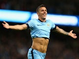 Stevan Jovetic of Manchester City celebrates scoring the second goal during the Barclays Premier League match between Manchester City and Liverpool at the Etihad Stadium on August 25, 2014