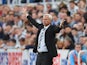 Alan Pardew, manager of Newcastle United gestures during the Barclays Premier League match between Newcastle United and Crystal Palace at St James' Park on August 30, 2014