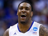 Tarik Black #25 of the Kansas Jayhawks celebrates after defeating the Eastern Kentucky Colonels during the second round of the 2014 NCAA Men's Basketball Tournament on March 21, 2014