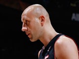Zydrunas Ilgauskas #11 of the Miami Heat walks off the court after being ejected for a technical foul against the Atlanta Hawks at Philips Arena on April 11, 2011