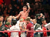 Britain's Carl Frampton celebrates after defeating Spain's Kiko Martinez during an IBF super-bantamweight title boxing match in Belfast's Titanic Quarter in Northern Ireland, on September 6, 2014