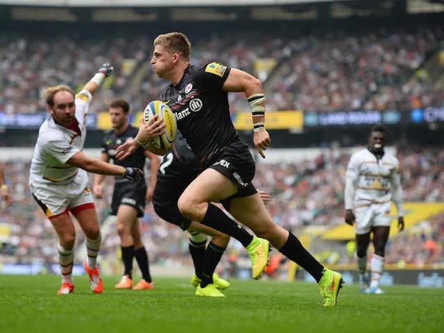 David Streetle of Saracens scores a try during the Aviva Premiership match Saracens and Wasps at Twickenham Stadium on September 6, 2014