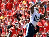 Delanie Walker #82 of the Tennessee Titans catches a pass for a touchdown against Kansas City Chiefs on September 7, 2014