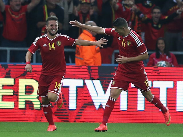Dries Mertens (L) of Belgium celebrates after scoring the first goalduring International friendly match against Australia on September 4, 2014