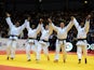 France's women judo team celebrates with their gold medals after the team competition at the World Judo Championships on in Chelyabinsk, on August 31, 2014