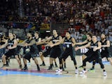 New Zealand's team perform a haka before the 2014 FIBA World basketball championships group C match Finland vs New Zealand at the Bizkaia Arena in Bilbao on September 4, 2014