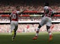 Arsenal's English midfielder Jack Wilshere celebrates scoring an equalising goal bringing the score to 1-1 with teammate English striker Danny Welbeck during the English Premier League football match between Arsenal and Manchester City at the Emirates Sta