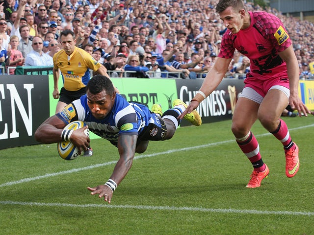 Semesa Rokoduguni of Bath dives in the corner to score a try during the Aviva Premiership match between Bath and London Welsh at the Recreation Ground on September 13, 2014