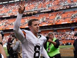 Billy Cundiff #8 of the Cleveland Browns celebrates after kicking the game wining field goal against the New Orleans Saints at FirstEnergy Stadium on September 14, 2014