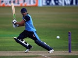 Billy Godleman of Derbyshire hits the ball towards the boundary during the Royal London One Day Cup match between Leicestershire Foxes and Derbyshire Falcons at Grace Road on July 27, 2014 