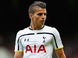 Erik Lamela of Spurs in action during the Barclays Premier League match between West Ham United and Tottenham Hotspur at Boleyn Ground on August 16, 2014