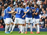 Romelu Lukaku of Everton celebrates scoring the opening goal with team mates during the Barclays Premier League match between West Bromwich Albion and Everton at The Hawthorns on September 13, 2014