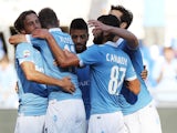 Stefano Mauri with his teammates of SS Lazio celebrates after scoring the third team's goal during the Serie A match between SS Lazio and AC Cesena at Stadio Olimpico on September 14, 2014