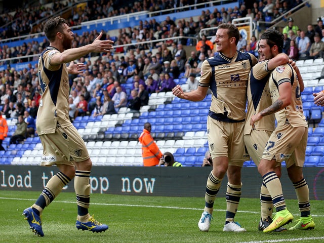 Alex Mowatt of Leeds celebrates after he scores during the Sky Bet Championship match between Birmingham City and Leeds United at St Andrews (stadium) on September 13, 2014