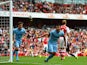 Sergio Aguero of Manchester City celebrates scoring the opening goal during the Barclays Premier League match between Arsenal and Manchester City at Emirates Stadium on September 13, 2014 