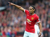Radamel Falcao of Manchester United gestures during the Barclays Premier League match between Manchester United and Queens Park Rangers at Old Trafford on September 14, 2014
