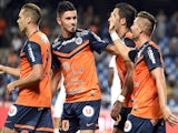 Montpellier's players react after scoring a goal during the French L1 football match between Montpellier and Lorient at the Mosson stadium in Montpellier, southern France, on September 13, 2014
