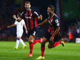 Andrew Surman (r) of AFC Bournemouth celebrates with his team scoring the opening goal during the Sky Bet Championship match against Leeds United on September 16, 2014