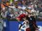 Hamburg's midfielder Lewis Holtby and Bayern Munich's Danish midfielder Pierre Hojbjerg vie for the ball during the German first division Bundesliga football match Hamburger SV vs FC Bayern Munich at the Imtech Arena in Hamburg, northern Germany on Septem