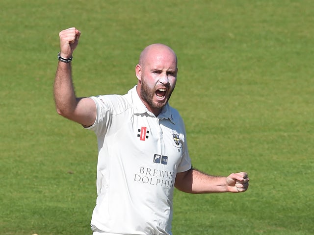 Chris Rushworth of Durham celebrates taking the wicket of Steven Mullaney (unseen) of Nottinghamshire during the LV County Championship match between Durham and Nottinghamshire at The Riverside on September 2, 2014