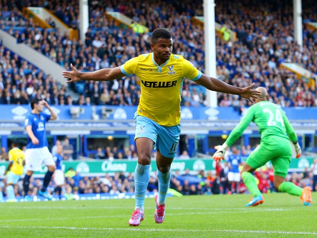 Fraizer Campbell of Crystal Palace celebrates after scoring his team's second goal uring the Barclays Premier League match between Everton and Crystal Palace at Goodison Park on September 21, 2014 