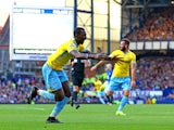 Yannick Bolasie of Crystal Palace celebrates after scoring his team's third goal during the Barclays Premier League match between Everton and Crystal Palace at Goodison Park on September 21, 2014