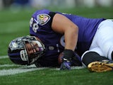 Dennis Pitta #88 of the Baltimore Ravens is injured during the second quarter against the Cleveland Browns at FirstEnergy Stadium on September 21, 2014