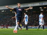 Jamie Ward of Derby County celebrates his goal infront of the travelling fans during the Sky Bet Championship match between Blackburn Rovers and Derby County at Ewood Park on September 17, 2014