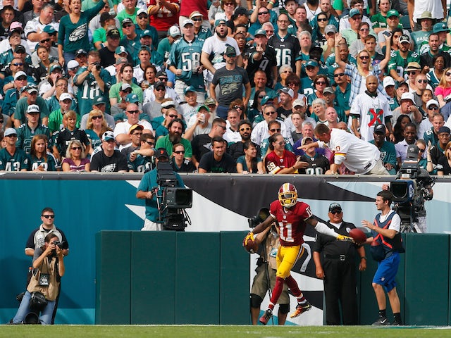 DeSean Jackson #11 of the Washington Redskins celebrates a touchdown in the third quarter against the Philadelphia Eagles at Lincoln Financial Field on September 21, 2014