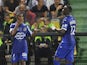 Bastia's French Togolese midfielder Floyd Ayite (L) andmidfielder Christopher Maboulou (R) celebrate after scoring against Metz on September 20, 2014