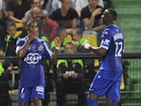 Bastia's French Togolese midfielder Floyd Ayite (L) andmidfielder Christopher Maboulou (R) celebrate after scoring against Metz on September 20, 2014