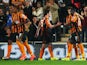 Mohamed Diame of Hull City celebrates with Andrew Robertson and Nikica Jelevic as he scores their second goal during Barclays Premier League match between Hull City and West Ham United at KC Stadium on September 15, 2014